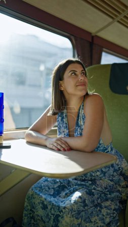 Photo for Journey joys, beautiful hispanic woman, cheerful and smiling, sitting in city's modern public train transport - Royalty Free Image