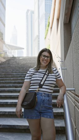 Téléchargez les photos : Une jeune femme souriante en tenue décontractée avec des lunettes se tient sur les escaliers dans un paysage urbain moderne dubai. - en image libre de droit