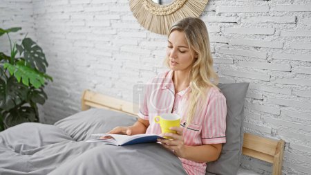 Téléchargez les photos : Jeune femme lit livre au lit, tenant une tasse de café, dans une chambre confortable - en image libre de droit