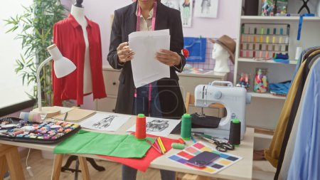 Foto de Mujer africana sastre examinar patrones en un atelier de colores con telas y máquina de coser - Imagen libre de derechos
