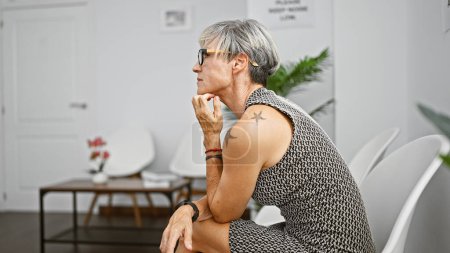 Mature hispanic woman with grey hair and glasses, pondering in a modern indoor setting.