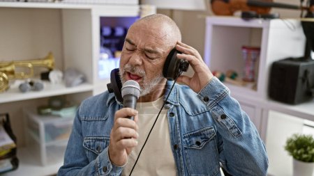 Hombre de mediana edad cantando en el micrófono con auriculares en una sala de música