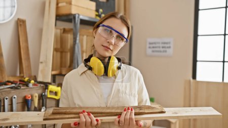 Foto de Una joven morena en un taller de carpintería sosteniendo madera con gafas de seguridad y auriculares. - Imagen libre de derechos