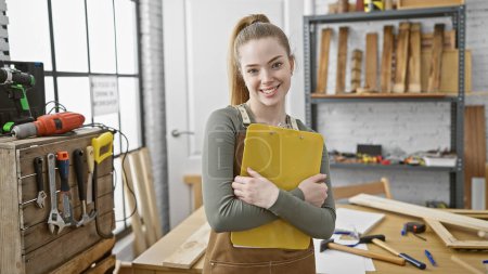 Téléchargez les photos : Une jeune femme blonde souriante tient un presse-papiers jaune dans un atelier de menuiserie bien équipé. - en image libre de droit