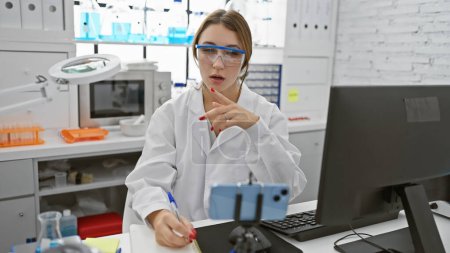 Photo for A brunette woman in safety glasses conducting research in a well-equipped laboratory, filmed by a smartphone on a tripod. - Royalty Free Image