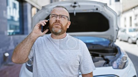 Photo for Worried, middle-aged, bearded caucasian man in glasses having a serious conversation on smartphone about car insurance after a damaging vehicle breakdown in outdoor city street - Royalty Free Image