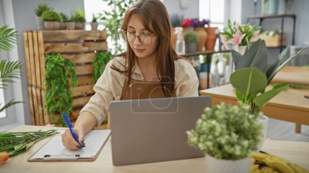 Photo for A young woman in a florist shop writes notes next to a laptop surrounded by fresh plants and flowers. - Royalty Free Image