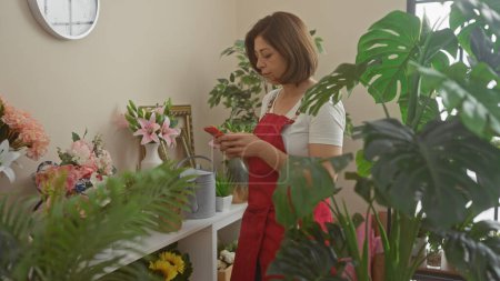 A hispanic woman in a florist shop surrounded by colorful flowers and green plants, texting on her phone.