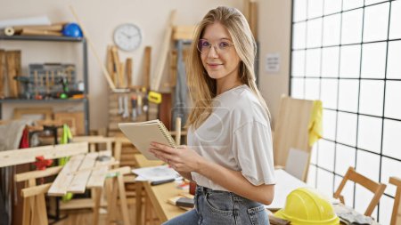 Photo for Portrait of a young adult caucasian woman with blonde hair, wearing eyeglasses, casually dressed, standing in a workshop holding a notebook. - Royalty Free Image