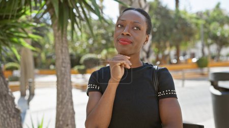 Coole, attraktive afrikanisch-amerikanische Frau, die mit zweifelndem Gesichtsausdruck auf einer sonnigen Stadtstraße steht und in entspannter, urbaner Lifestylemode über eine Idee nachdenkt