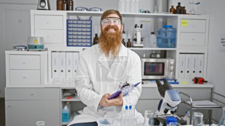 Photo for Handsome redhead male scientist working with a smile, young man captures notes indoors at medical lab, mastering scientific analysis immersed in experiment behind safety glasses - Royalty Free Image