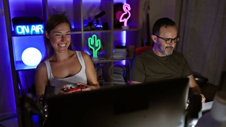 Two smiling gamers, journey into the gaming room, father and daughter bonding through joystick mastery