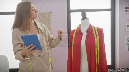 Téléchargez les photos : Femme rousse avec ruban à mesurer inspecte le vêtement sur mannequin dans un atelier lumineux tenant tablette. - en image libre de droit