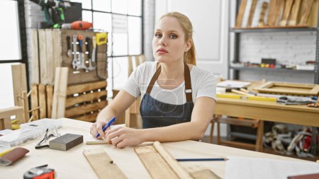 A focused young woman working in a brightly lit carpentry workshop surrounded by tools and wood