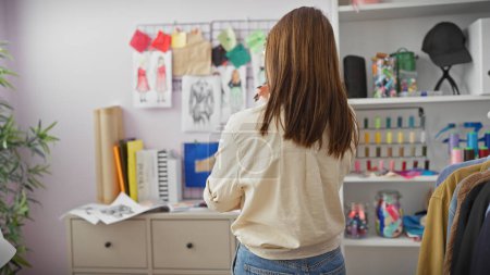 Foto de Vista trasera de una mujer joven en un taller creativo rodeado de varios elementos de confección y hilos de colores. - Imagen libre de derechos