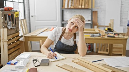 Foto de Una carpintera pensativa con pelo rubio en un taller, rodeada de herramientas y madera, tomando notas. - Imagen libre de derechos