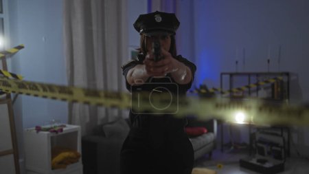 Focused policewoman aiming a gun in a dimly lit crime scene room with caution tape and evidence markers.