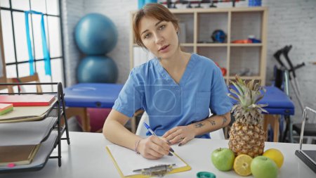 Foto de Una joven con uniforme escrito en un escritorio en una clínica de fisioterapia con equipo de ejercicio. - Imagen libre de derechos