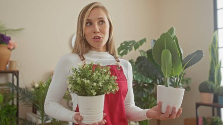 Photo for A surprised blonde woman in a red apron holds potted plants inside a well-lit flower shop. - Royalty Free Image