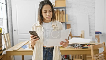 Foto de Mujer hispana examina un documento mientras sostiene un teléfono inteligente en un taller de carpintería. - Imagen libre de derechos