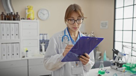 Portrait d'une jeune femme caucasienne concentrée médecin écrivant sur un presse-papiers dans un laboratoire clinique, évoquant le professionnalisme et les soins de santé.