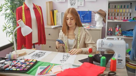 Foto de Una joven enfocada con una cinta métrica usando un teléfono en una ajetreada sastrería rodeada de telas y una máquina de coser. - Imagen libre de derechos