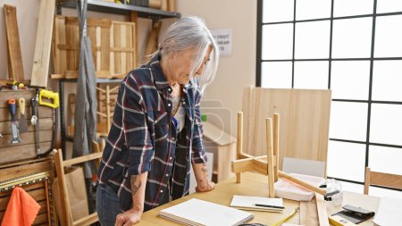 Foto de Mujer de mediana edad, de cara seria y pelo gris, una carpintera experta, de pie en medio de su taller de carpintería - Imagen libre de derechos