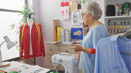 Téléchargez les photos : Femme âgée parlant au téléphone dans un magasin de tailleurs coloré avec mannequin, tissu et machine à coudre. - en image libre de droit