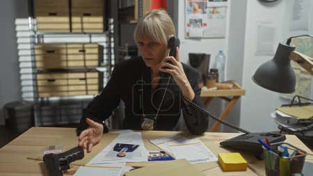 Photo for A caucasian woman detective in an office talks on a phone, with a gun, evidence, and case board in the background. - Royalty Free Image