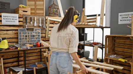 Téléchargez les photos : Radieuse jeune femme hispanique charpentier savoure le doux son du travail du bois, orné d'écouteurs à son atelier de menuiserie - en image libre de droit