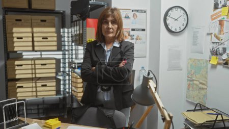 Detective mujer de mediana edad con confianza de pie brazos cruzados en la oficina, con reloj, archivos, y la junta insinuando la investigación.