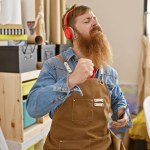Handsome, bearded, young redhead man who is an artist, dancing while listening to music in art studio, canvas, paintbrush in hand, smiling with joy.