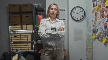 Photo for Confident woman detective stands in a police station evidence room with arms crossed. - Royalty Free Image