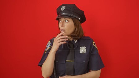 Téléchargez les photos : Une policière réfléchie avec une main sur le menton se dresse sur un fond rouge clair, dépeignant la contemplation ou la prise de décision. - en image libre de droit