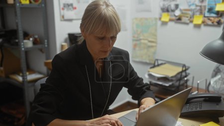 Detective mujer enfocada trabajando en un portátil en una oficina del departamento de policía desordenada, tablero de pruebas en el fondo.