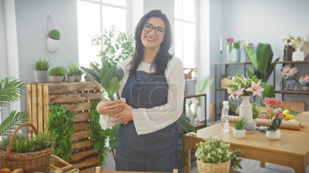 Téléchargez les photos : Femme mûre souriante fleuriste dans tablier tenant des feuilles à l'intérieur entouré de plantes en pot et des arrangements - en image libre de droit