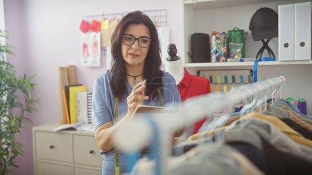 Eine Schneiderin mittleren Alters mit Brille steht in ihrem Atelier mit bunten Fäden und Outfits.