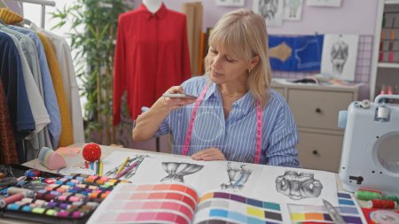 Une femme caucasienne ciblée examine les dessins de mode dans une boutique de tailleur bien équipée avec des échantillons de tissu colorés