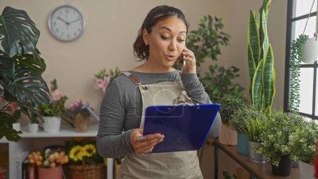 Téléchargez les photos : Femme hispanique avec tablier parlant au téléphone tout en tenant presse-papiers dans le magasin de fleurs - en image libre de droit