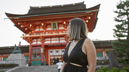Téléchargez les photos : Posant en toute confiance à fushimi inari taisha, une belle femme hispanique portant des lunettes, sourit largement, regardant autour de lui, captivée par les magnifiques environs du temple kyoto. - en image libre de droit