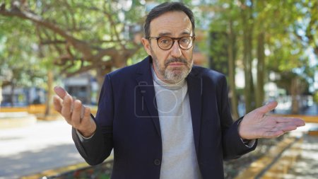 Photo for Middle-aged bearded man expressing confusion in a sunny park - Royalty Free Image
