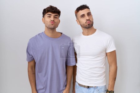 Homosexual gay couple standing over white background looking at the camera blowing a kiss on air being lovely and sexy. love expression. 
