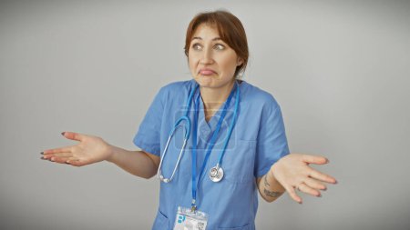 Photo for Confused young woman in scrubs with a stethoscope against a white background, embodying a healthcare professional's uncertainty - Royalty Free Image