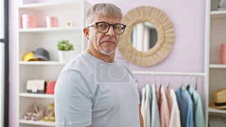 Téléchargez les photos : Mature homme aux cheveux gris dans des lunettes debout dans un dressing de couleur pastel, regardant la caméra. - en image libre de droit