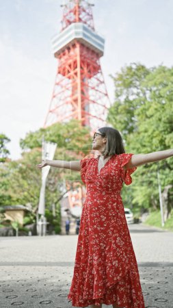 Hermosa mujer hispana en gafas con los brazos abiertos, abrazando alegremente la experiencia de la famosa calle de Tokyo