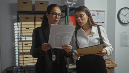 Foto de Dos mujeres policías analizan documentos en una oficina abarrotada, lo que sugiere una investigación en curso. - Imagen libre de derechos