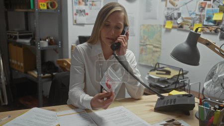 Téléchargez les photos : Une blonde concentrée examine des preuves tout en parlant au téléphone dans le bureau d'un détective encombré. - en image libre de droit