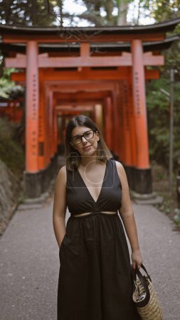Beautiful hispanic woman in glasses emotes a serious expression while standing at fushimi's torii gates - kyoto's iconic orange wooden pathway