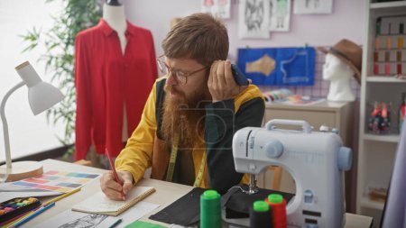 Foto de El hombre barbudo pelirrojo en atelier escucha el buzón de voz mientras se adapta con la máquina de coser y los hilos de colores - Imagen libre de derechos
