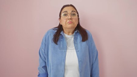 Reife hispanische Frau in blauer Strickjacke steht vor einem rosa Hintergrund und drückt ihre Ratlosigkeit aus.